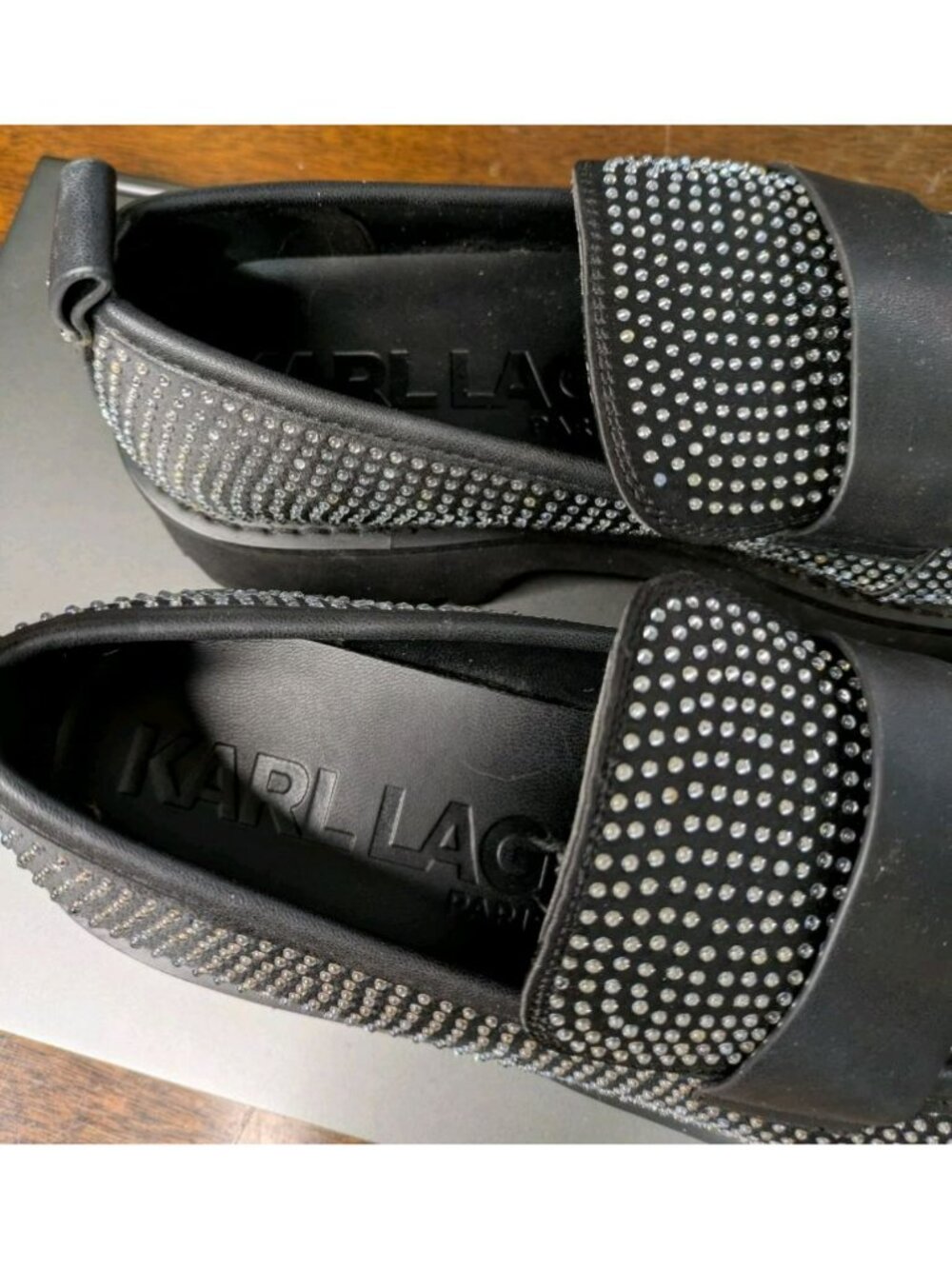 Sz 9 Karl Lagerfeld Paris Grady Slip On Chunky Loafer Black Y2K Rhinestone Bling - Picture 9 of 9